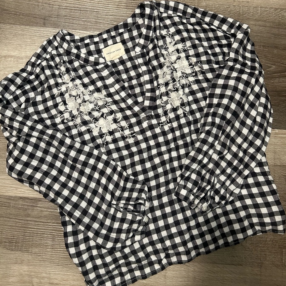 American Eagle Outfitters Black and White Gingham Top with Floral Embroidery